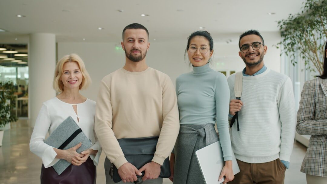 Diverse team of professionals collaborating in a modern office